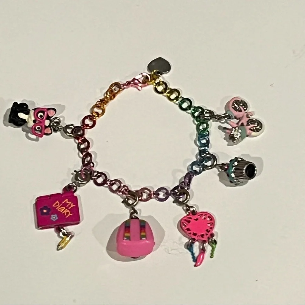 Charm It! Rainbow Charm Bracelet w/ 6 Charms Diary, Bike, Backpack, Heart, Cat